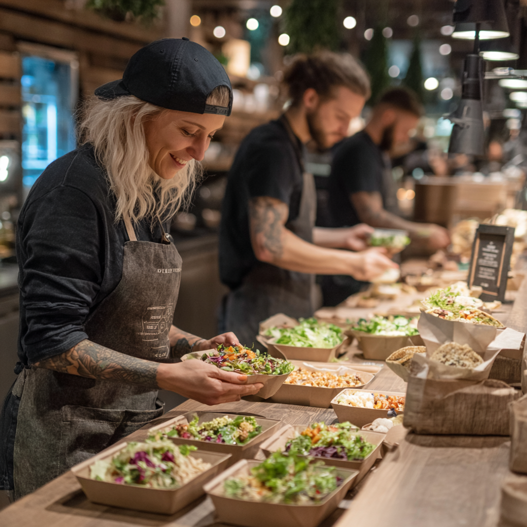 Polish adults of various ages enjoying a healthy meal together, smiling and sharing food in a modern kitchen setting
